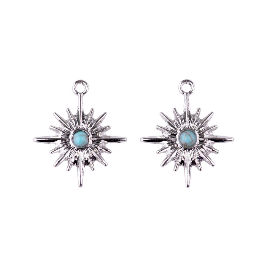 23mm Sun Burst Charm/Pendant with Faux Turquoise Center from the Sierra-Collection - Rhodium Plated (1 Pair)