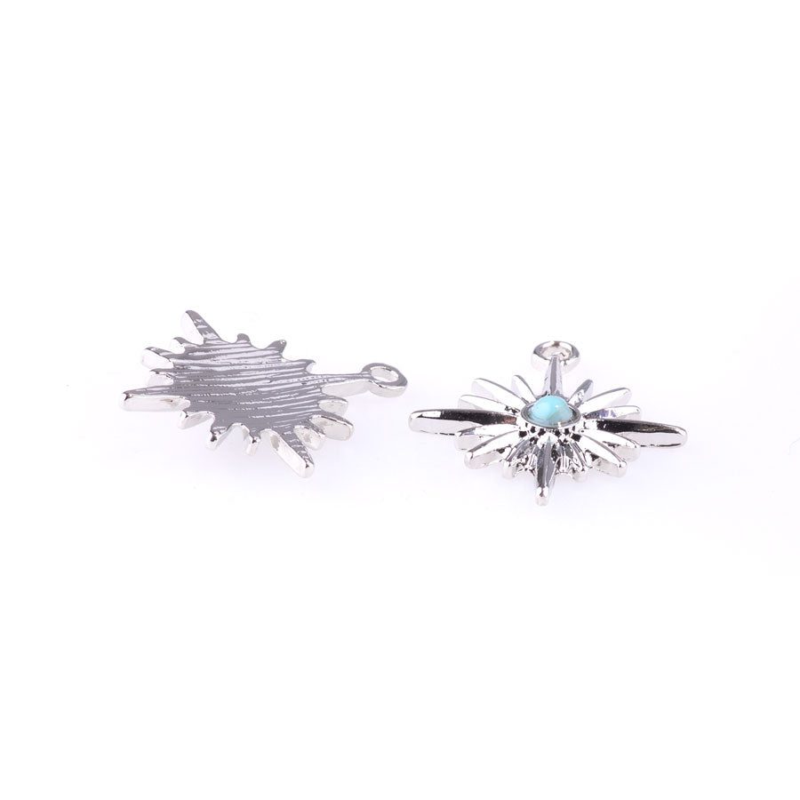 23mm Sun Burst Charm/Pendant with Faux Turquoise Center from the Sierra-Collection - Rhodium Plated (1 Pair)