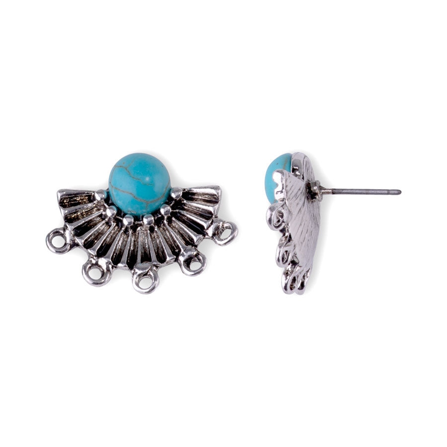 19x24mm Fan Earring Post Pair with Faux Turquoise Embellishment from the Global Collection - Silver Plated (1 Pair)