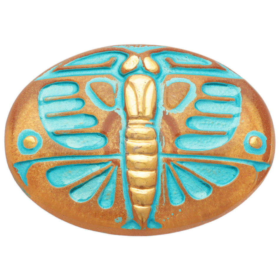 (29x22mm) Oval Art Deco Butterfly Gold with Turquoise Wash with Gold Paint