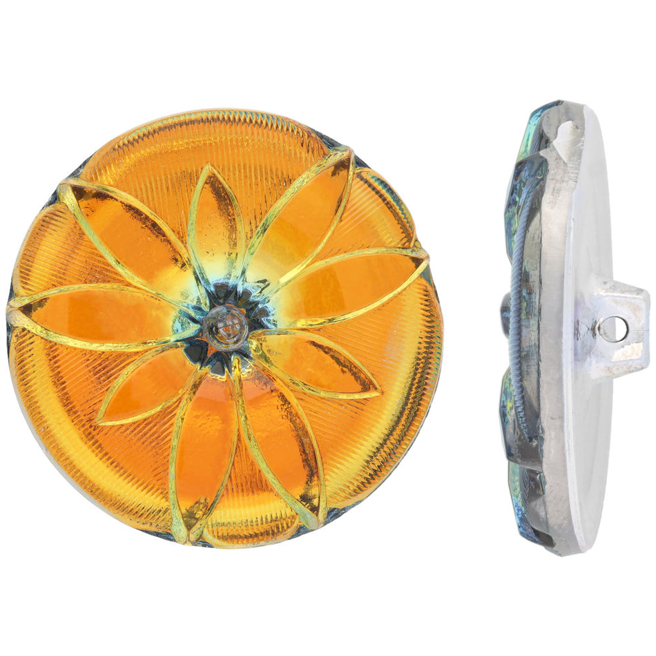 Czech Glass 36mm Round with Star Flower, Golden Orange with Iridescent Finish Button by Raven's Journey