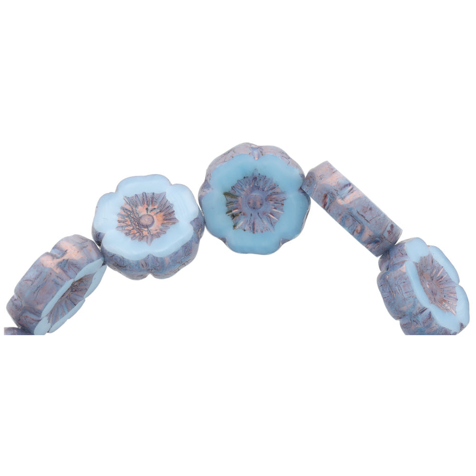 12mm Sky Blue Silk with Lavender Bronze Finish Hibiscus Flower Czech Glass Beads from Raven's Journey