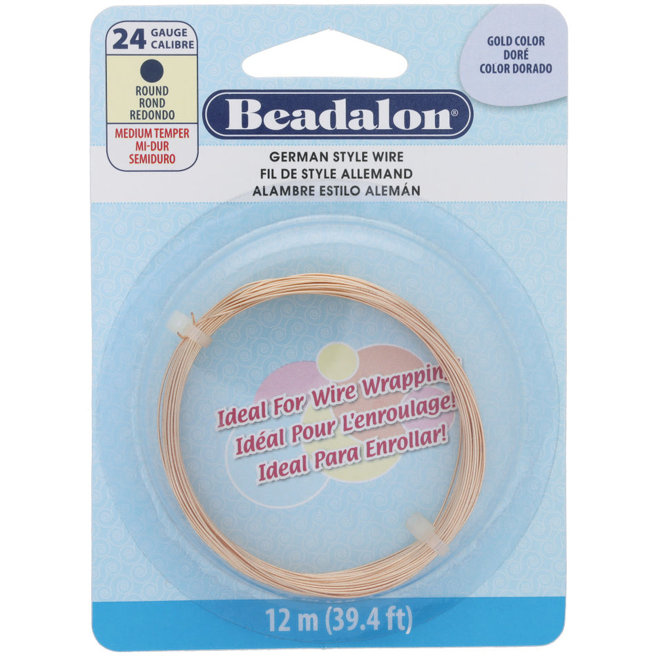 German Style Wire, Round, Gold Color, 24 gauge .51 mm / .020 in, 12 m / 39.4 ft