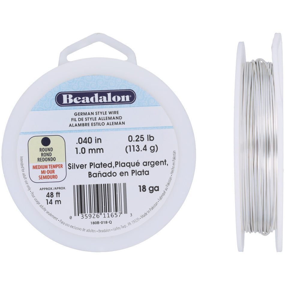 German Style Wire, Round, Silver Plated, 18 gauge 1.00 mm / .040 in, approx. 48 ft, 1/4 lb / .11 kg