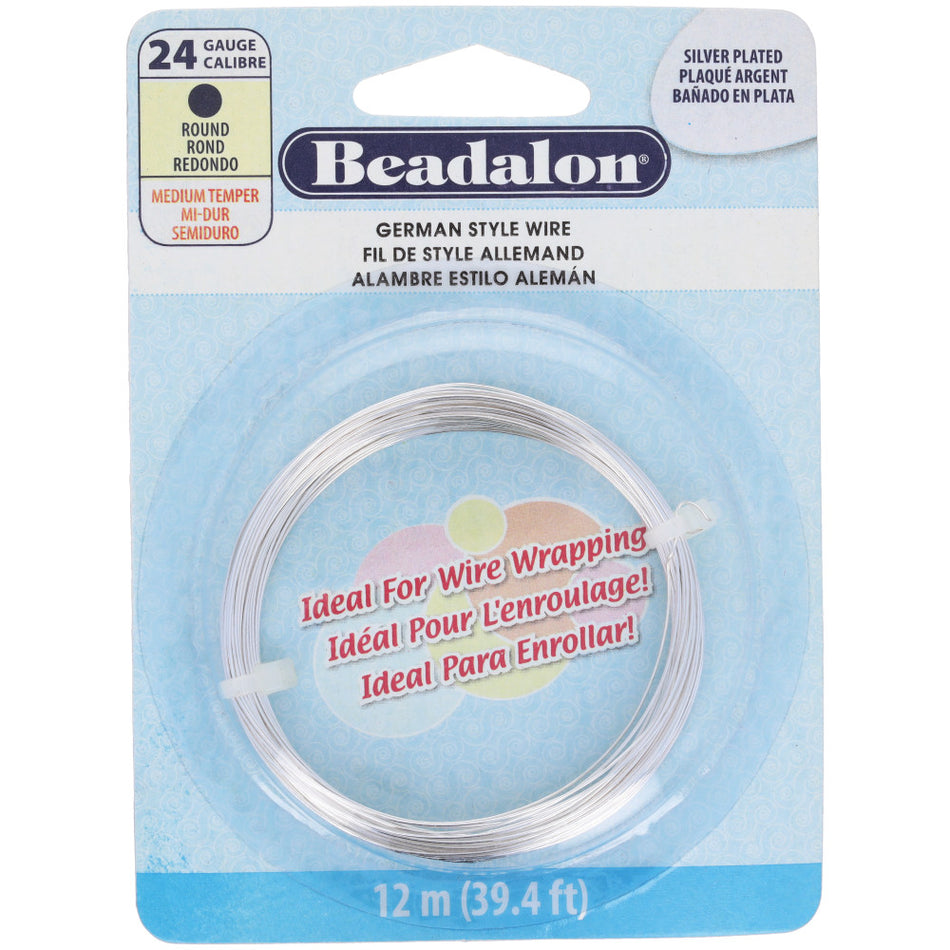 German Style Wire, Round, Silver Plated, 24 gauge .51 mm / .020 in, 12 m / 39.4 ft