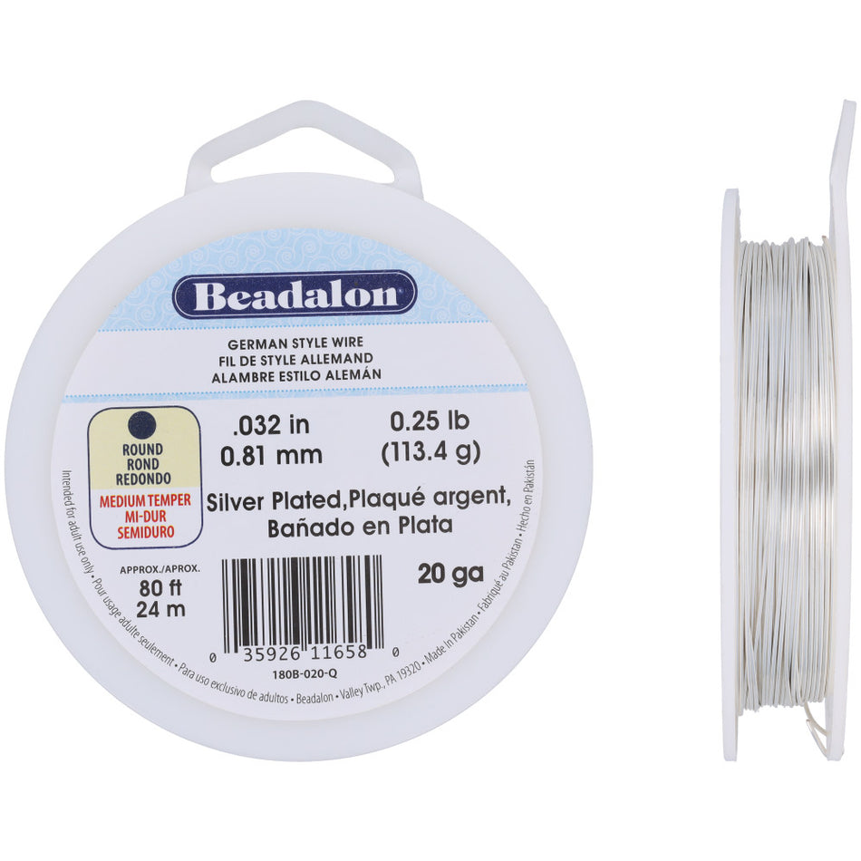 German Style Wire, Round, Silver Plated, 20 gauge .81 mm / .032 in, approx. 80 ft, 1/4 lb / .11 kg