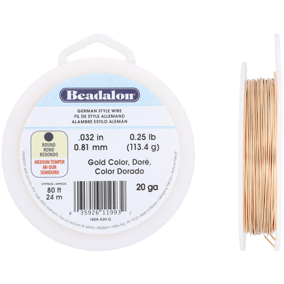 German Style Wire, Round, Gold Color, 20 gauge .81 mm / .032 in, approx. 78 ft, 1/4 lb / .11 kg