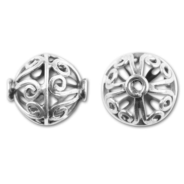 Bali Silver Hollow Round Bead with Flattened Swirls