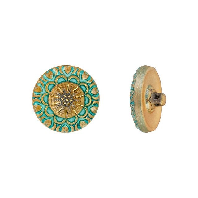 Czech Glass 18mm Round Lacy Flower Turquoise with Gold Paint Glass Button by Raven's Journey