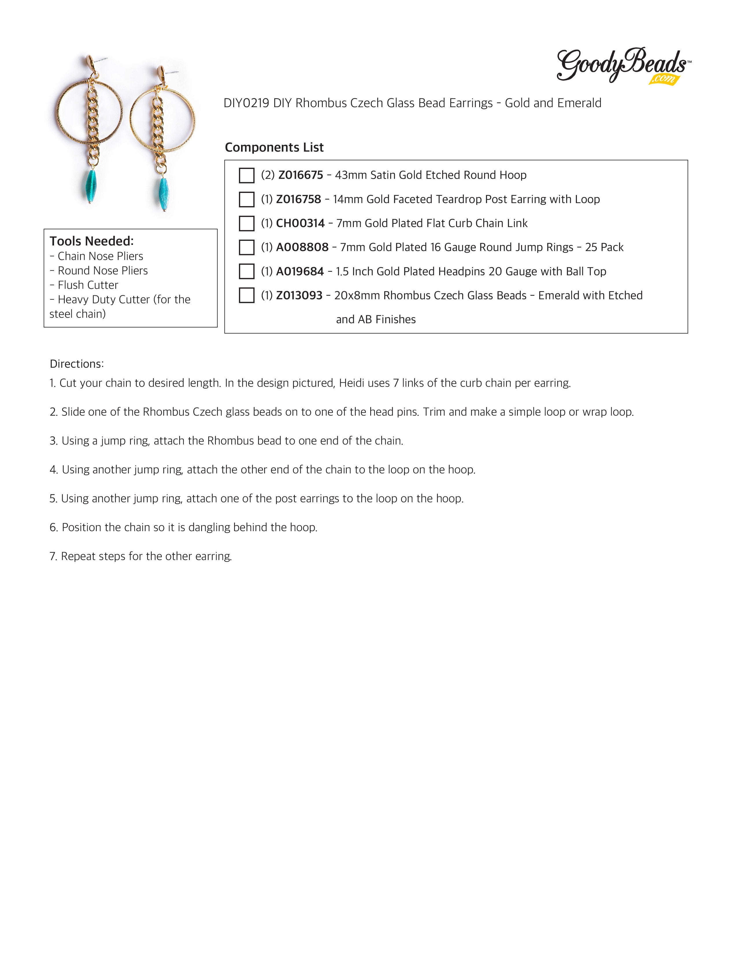 INSTRUCTIONS for DIY Rhombus Czech Glass Bead Earrings – Gold and Emerald