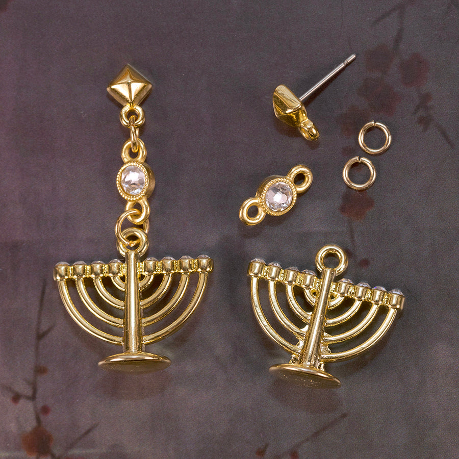 20x22mm Menorah Charm with Rhinestones - Gold Plated