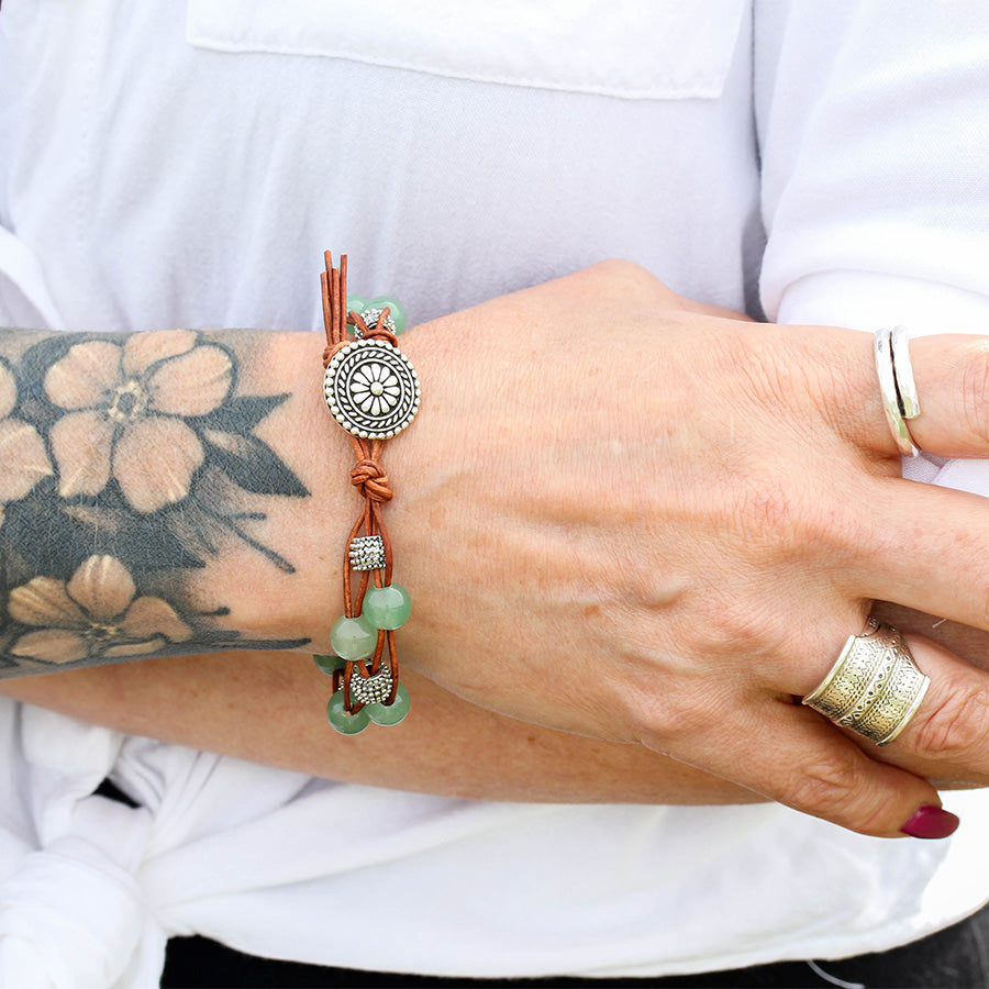 Stone Lattice Leather Bracelet Kit with Dakota Stones Gemstones - Green Aventurine and Brown