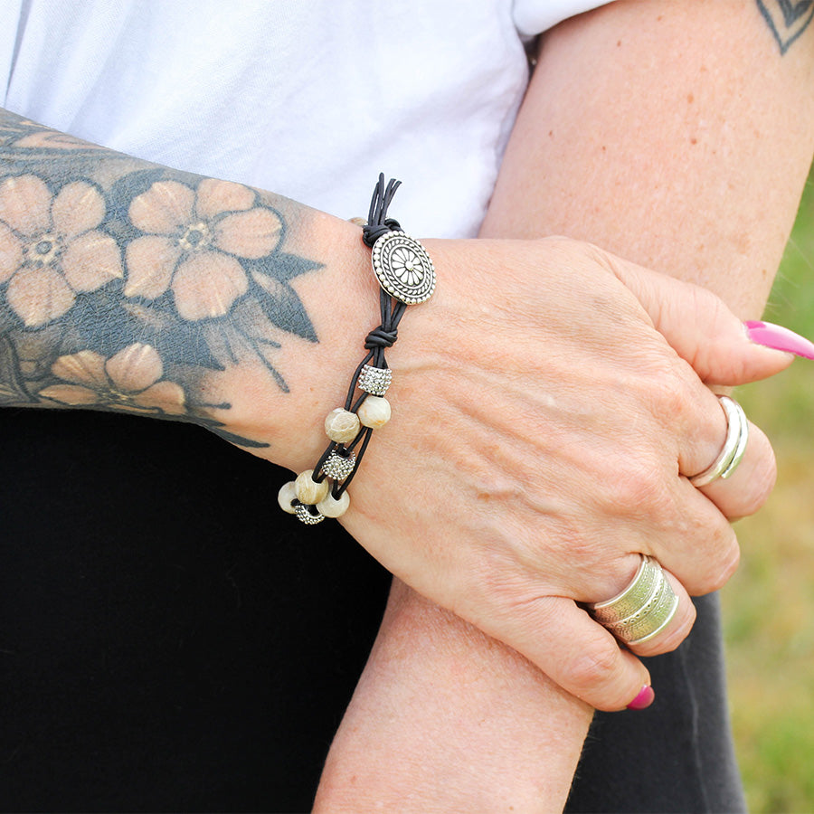 Stone Lattice Leather Bracelet Kit with Dakota Stones Gemstones - Fossil Coral and Black