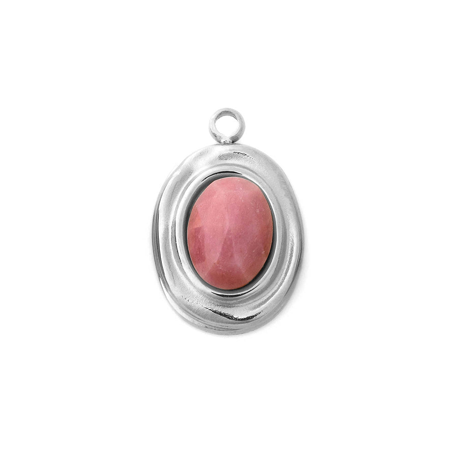 12x8mm Oval Charm/Pendant with Gemstone from the Global Collection - Rhodium Plated with Rhodonite