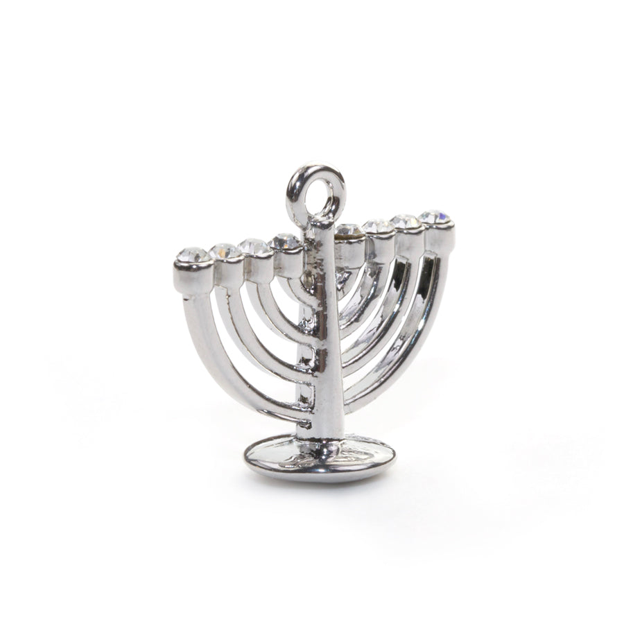 20x22mm Menorah Charm with Rhinestones - Rhodium Plated