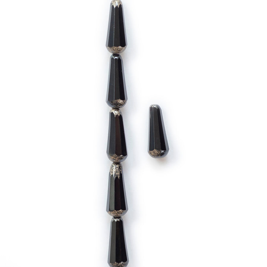 20x9 Faceted Dangle Drop Czech Glass Bead - Black with an Antique Silver Finish