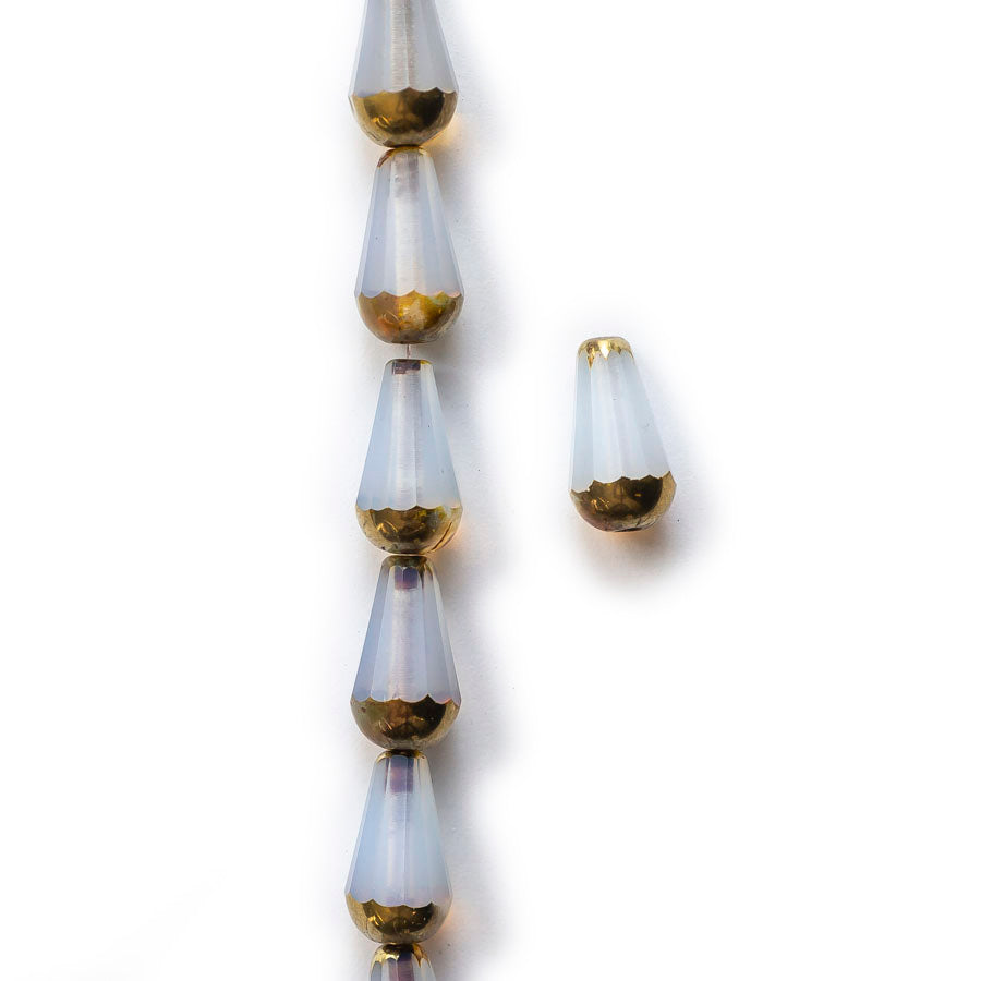 15x8 Faceted Dangle Drop Czech Glass Bead - White with a Picasso and a Gold Finish