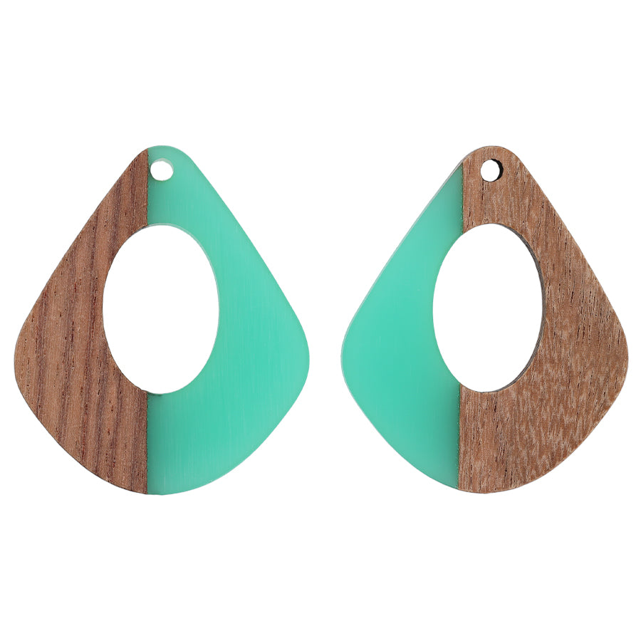 28x32mm Wood & Sea Blue Resin Pear Shaped with Cut Out Focal Pieces (1 Pair)