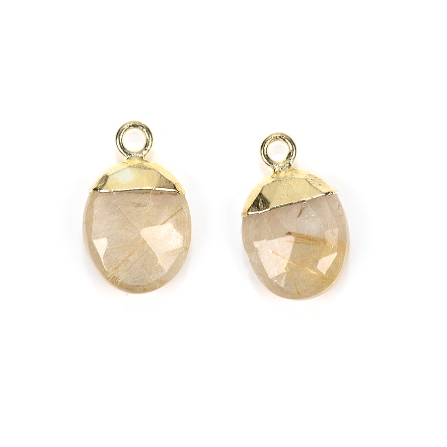 12.5mm Oval Gemstone Gold Electroplated Charm - Rutilated Quartz (2 Pieces)