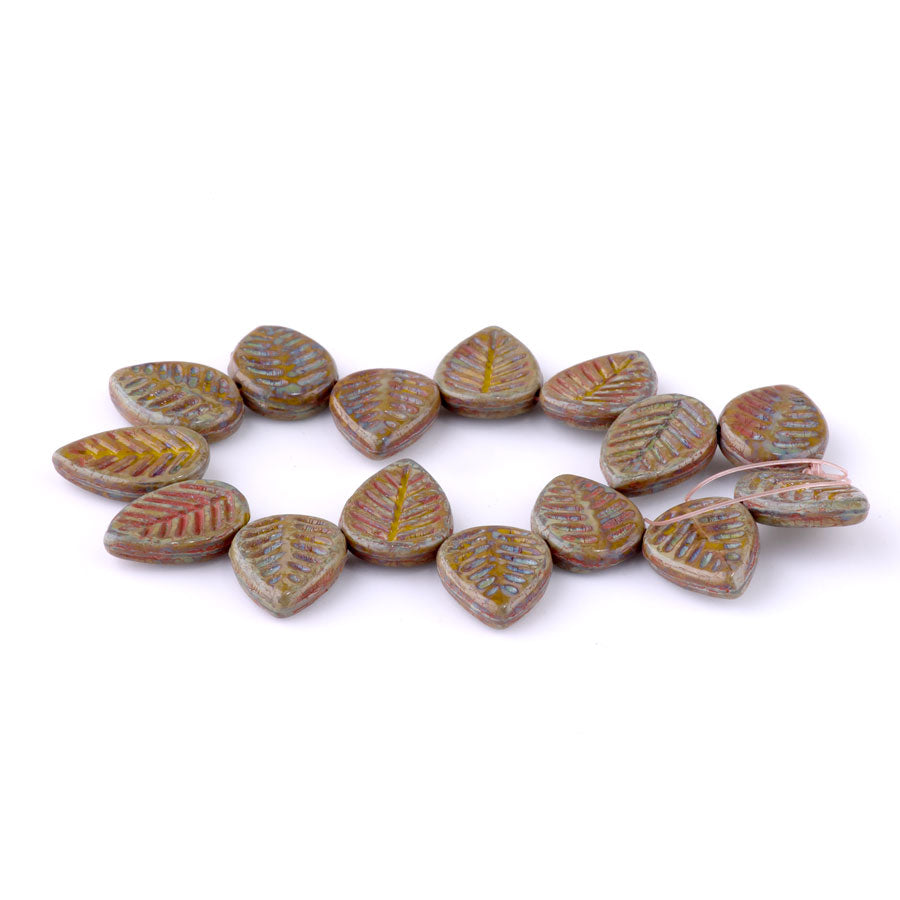 12x16mm Dogwood Leaves Czech Glass Beads - Artichoke with a Yellow Finish