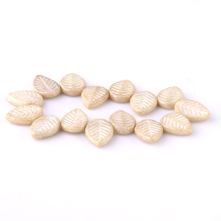 12x16mm Dogwood Leaves Czech Glass Beads - Yellow Ivory with Mercury Finish