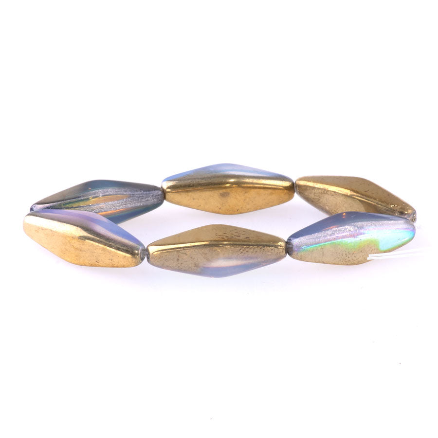 20x8mm Rhombus Czech Glass Beads - Transparent with Gold and AB Finishes