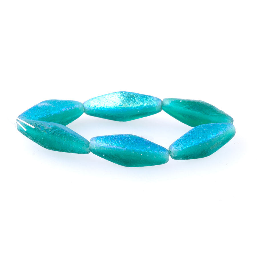 20x8mm Rhombus Czech Glass Beads - Emerald with Etched and AB Finishes