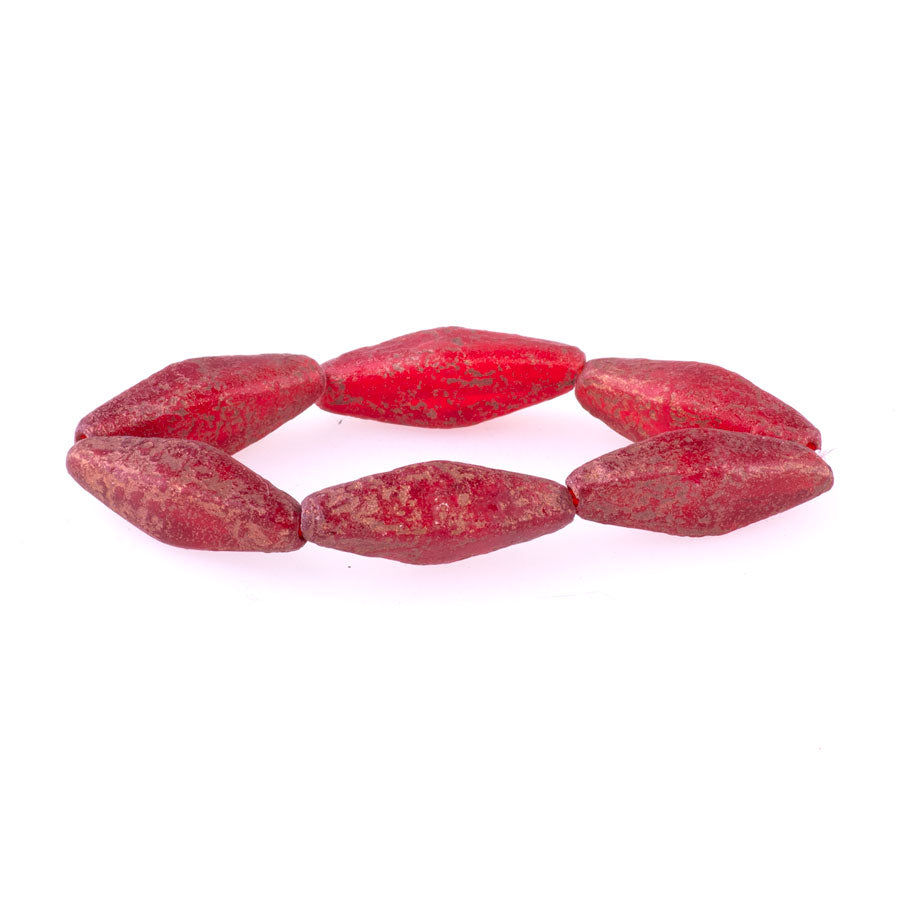 20x8mm Rhombus Czech Glass Beads - Ruby Red with Etched Finish and Copper Wash