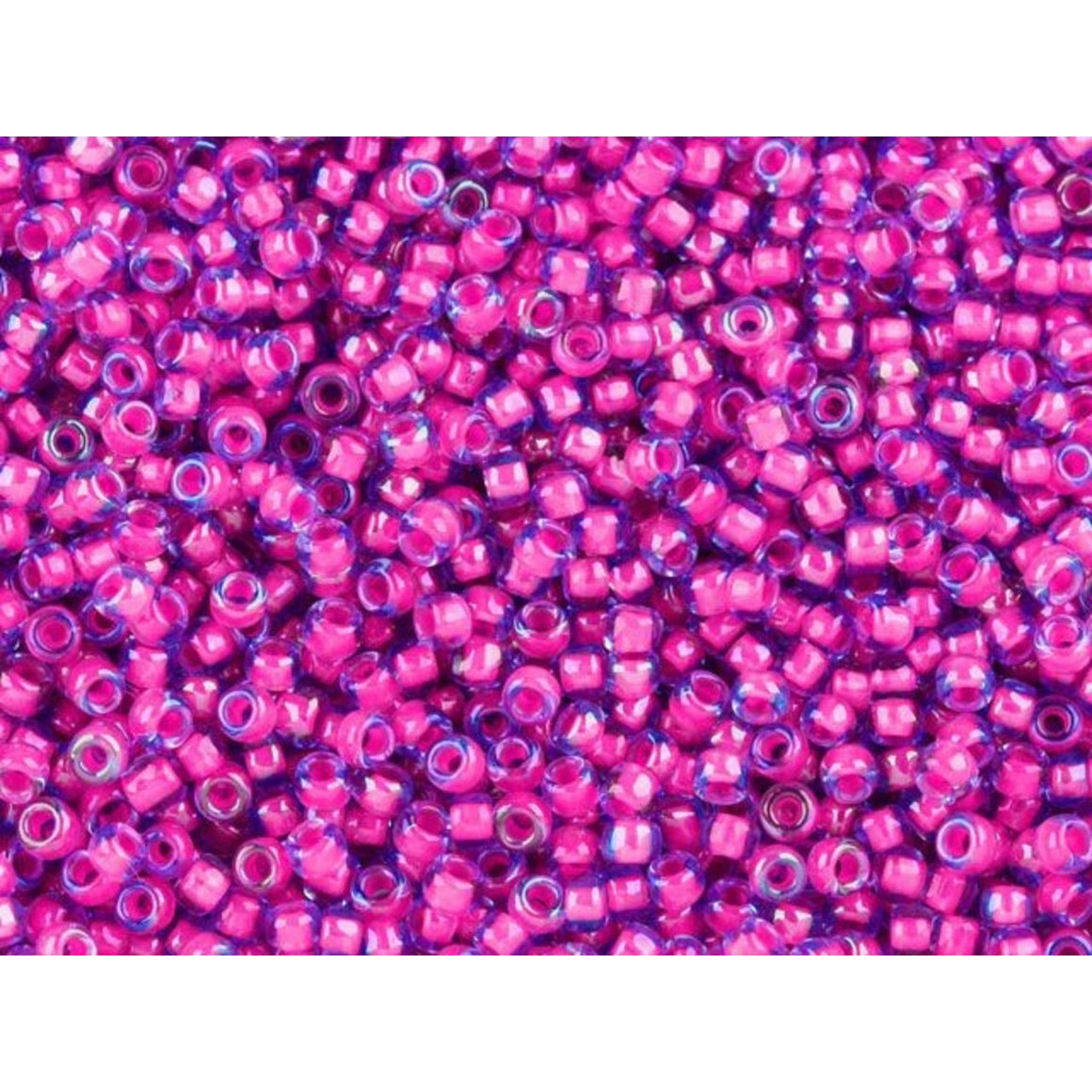 TOHO Glass Seed Beads, Round 11/0 Shocking Pink Lined Light Blue, 2.5-Inch Tube