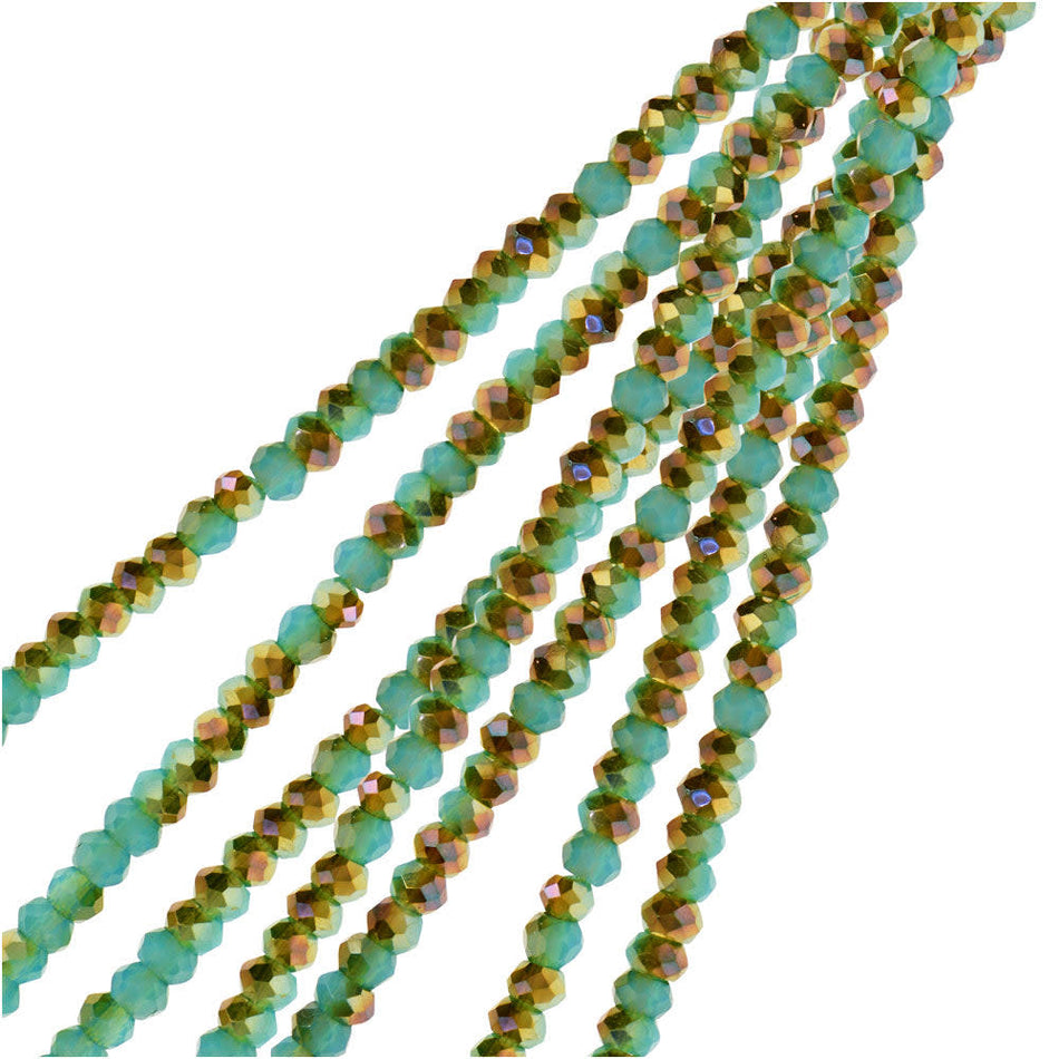 Crystal Beads, Faceted Rondelle 1.5x2.5mm, Turquoise Blue w/Half Champagne Luster