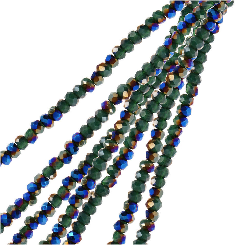 Crystal Beads, Faceted Rondelle 1.5x2.5mm, Opaque Dark Green w/Half Blue Iris