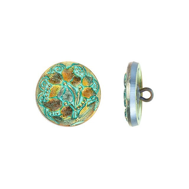 Czech Glass 18mm Round Lacy 3 Flower Design Golden Orange Iridescent with Turquoise Wash and Gold Paint Glass Button by Raven's Journey