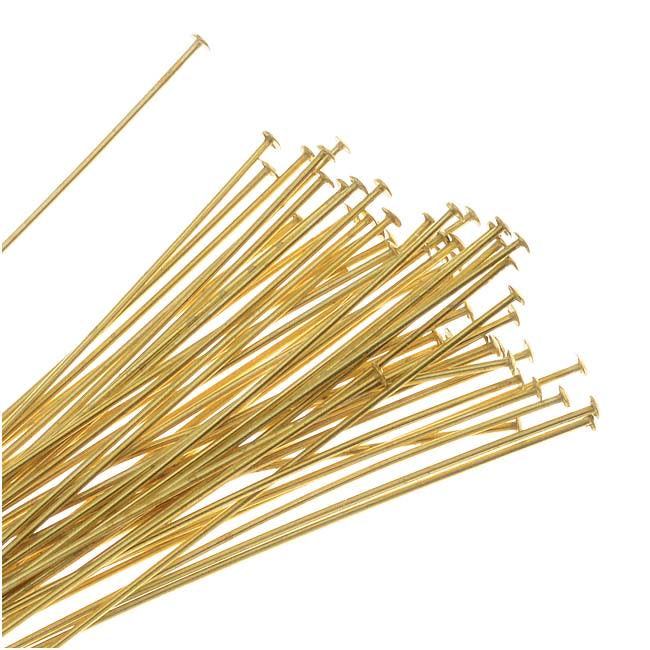 Head Pins, 2 Inches Long and 24 Gauge Thick, Gold Tone Brass (10 Pieces)