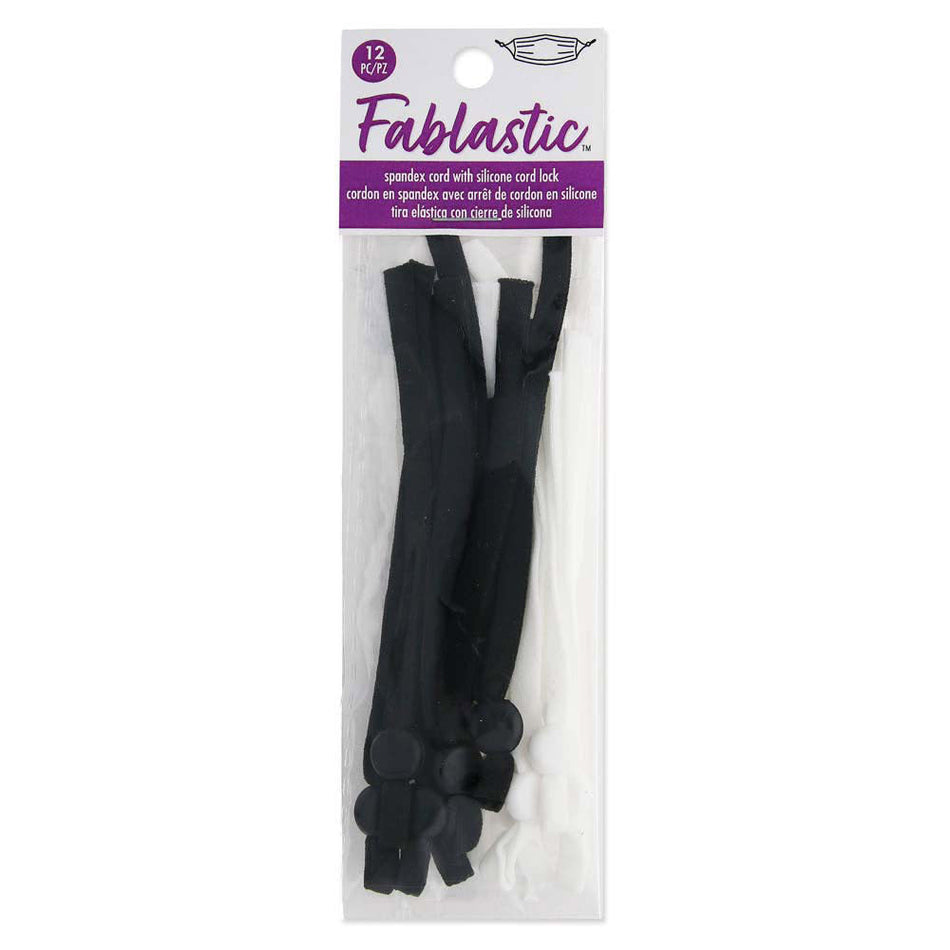 Fablastic Stretch Cord with Cord Lock for Mask Making, Flat 5mm (0.196 Inch) Thick, Black & White Assorted Pack