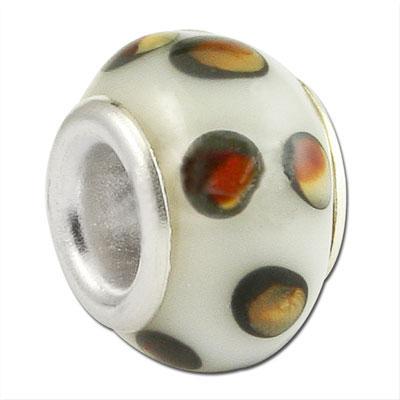 13mm White with Gold/Brown Dots Large Metal Hole Glass Beads - Goody Beads