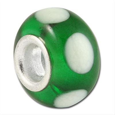 13mm Green with Large White Dots Large Metal Hole Glass Beads - Goody Beads