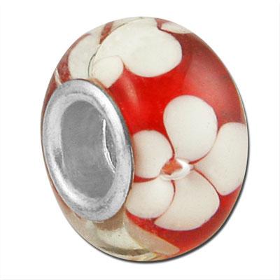 9mm Red with White Flowers Rondelle Large Metal Hole Glass Beads - Goody Beads