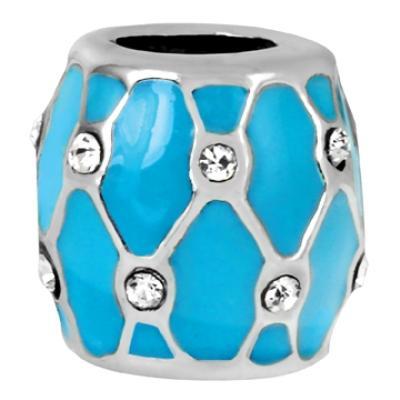 9mm Teal Lattice with Clear Rhinestones Large Hole Bead - Rhodium Plated