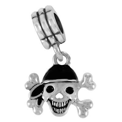 13mm Dangling Skull and Crossbones Large Hole Bead - Rhodium Plated - Goody Beads