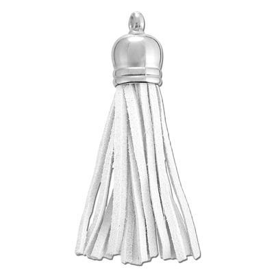 2 1/4 Inch White Faux Suede Tassel with Silver Cap - Goody Beads