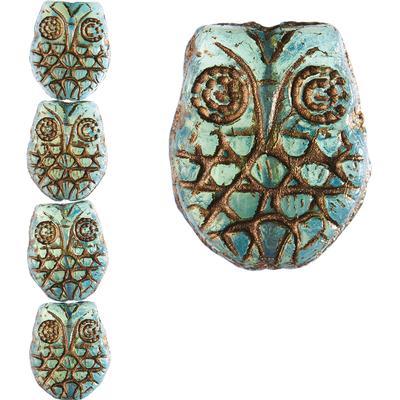 18x15mm Blue Opaline with Copper Wash Horned Owl Czech Glass Beads from Raven's Journey - Goody Beads