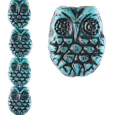 18x15mm Teal with Black Wash Horned Owl Czech Glass Beads from Raven's Journey - Goody Beads