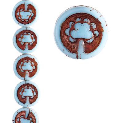 13mm Sky Blue with Bronze Wash Tree of Life Coin Czech Glass Beads from Raven's Journey - Goody Beads