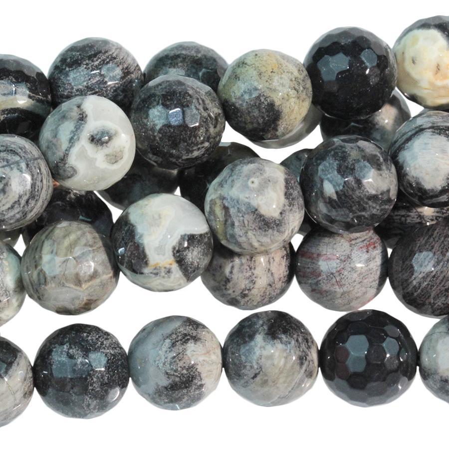 Black Silver Leaf Jasper 8mm Faceted Round 15-16 Inch