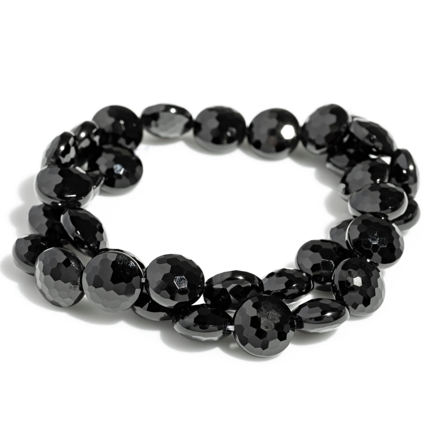 Black Spinel 12mm Faceted Coin - 15-16 Inch