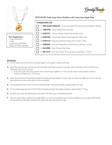 INSTRUCTIONS for DIY Triple Layer Silver Necklace with Crazy Lace Agate Slice - Goody Beads