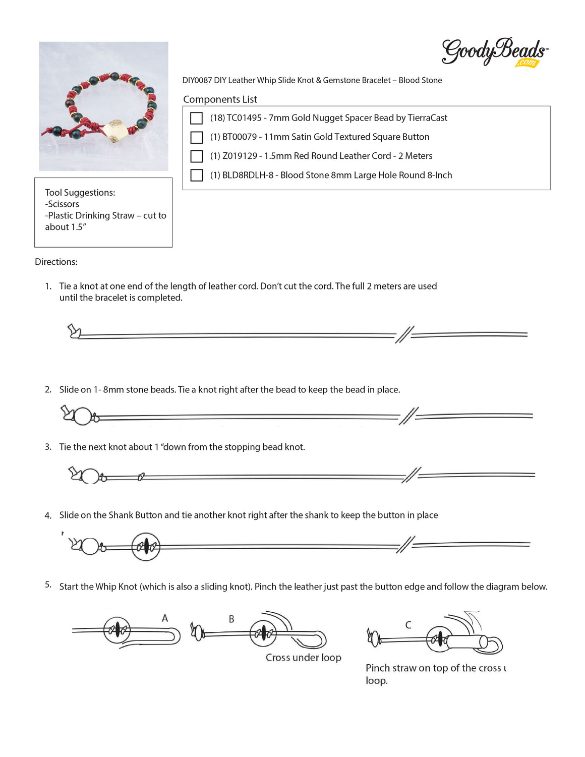 INSTRUCTIONS for DIY Leather Whip Slide Knot & Gemstone Bracelet  - Blood Stone - Goody Beads