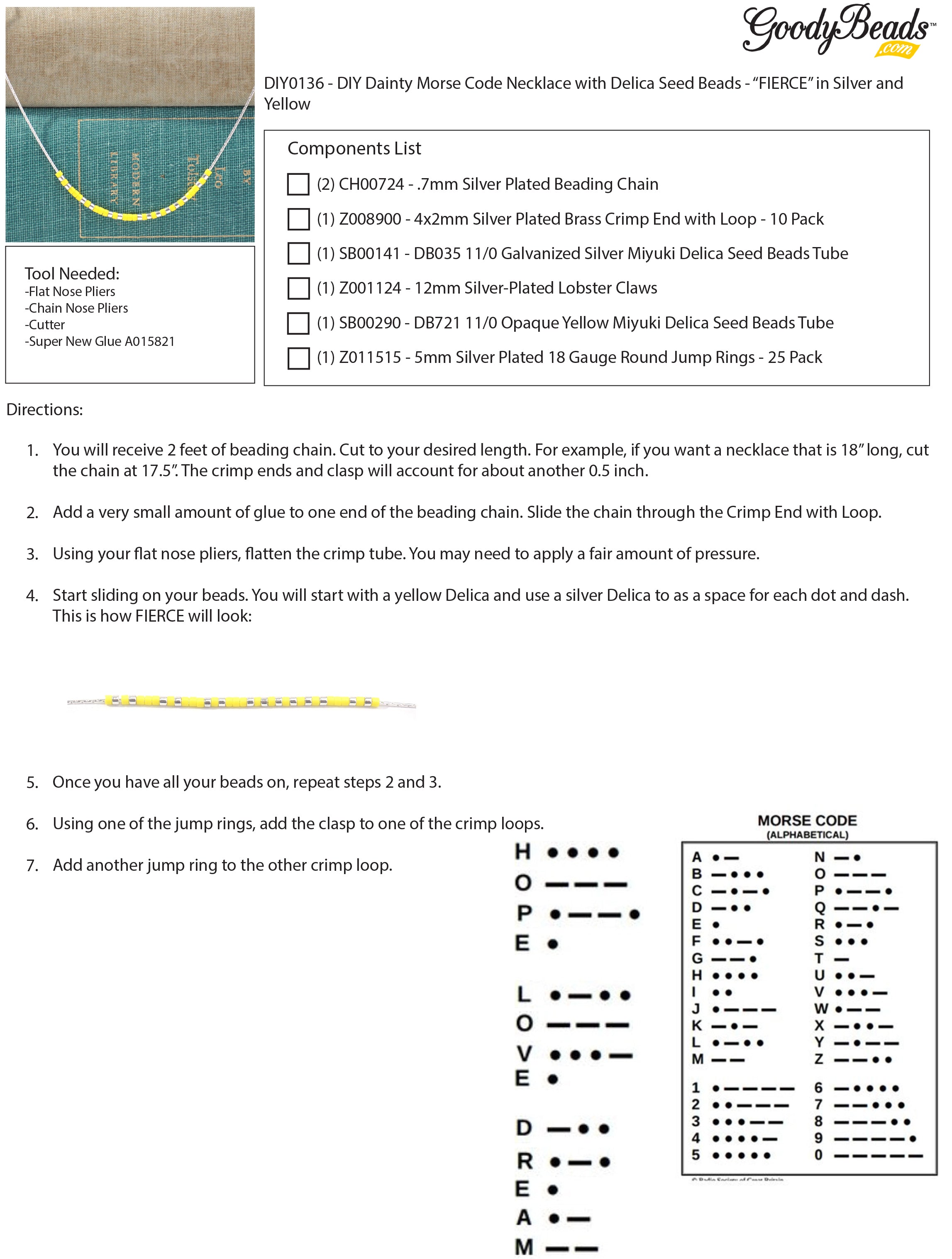 DIY Dainty Morse Code Necklace with Delica Seed Beads - "FIERCE" in Silver and Yellow - Goody Beads