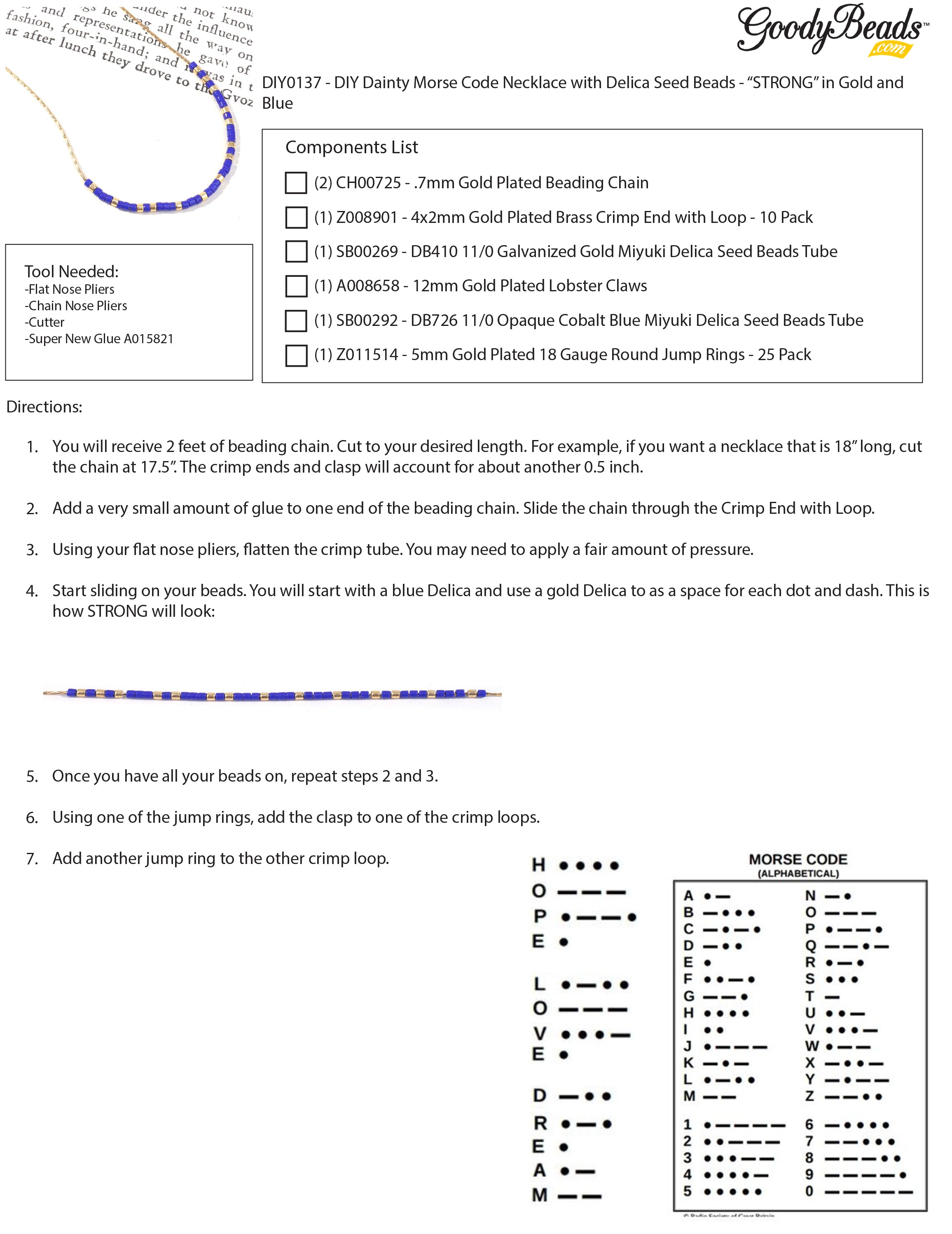 DIY Dainty Morse Code Necklace with Delica Seed Beads - "STRONG" in Gold and Blue - Goody Beads