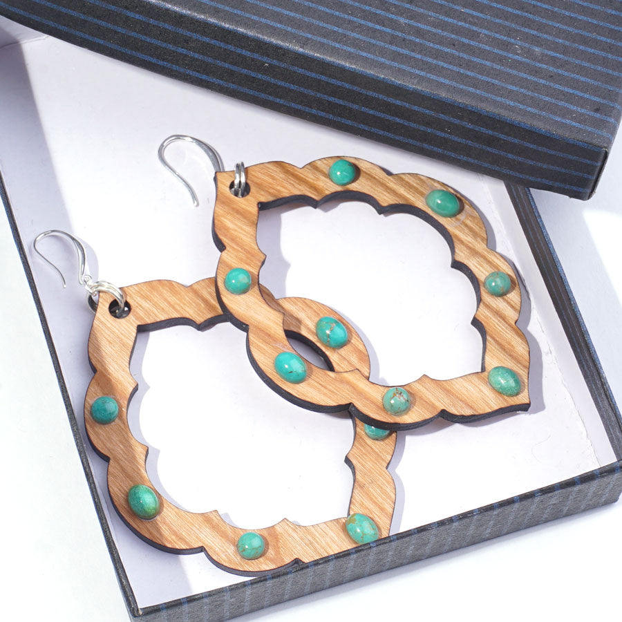 DIY Scallop Wood Frame with Natural Chinese Turquoise Cabochons Earrings - Goody Beads